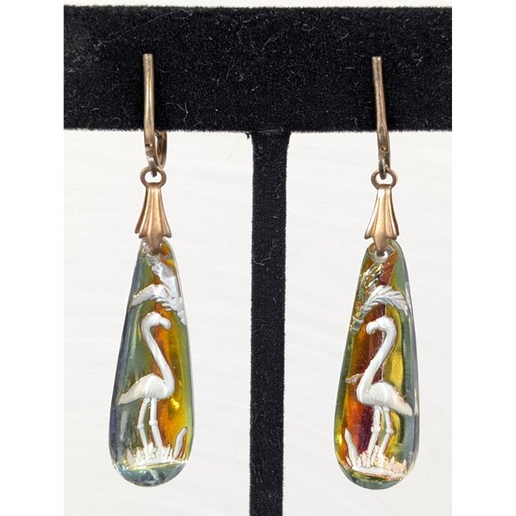 Estate Jewelry - Vintage Iridescent Glass Flamingo Intaglio Teardrop Clip On Earrings